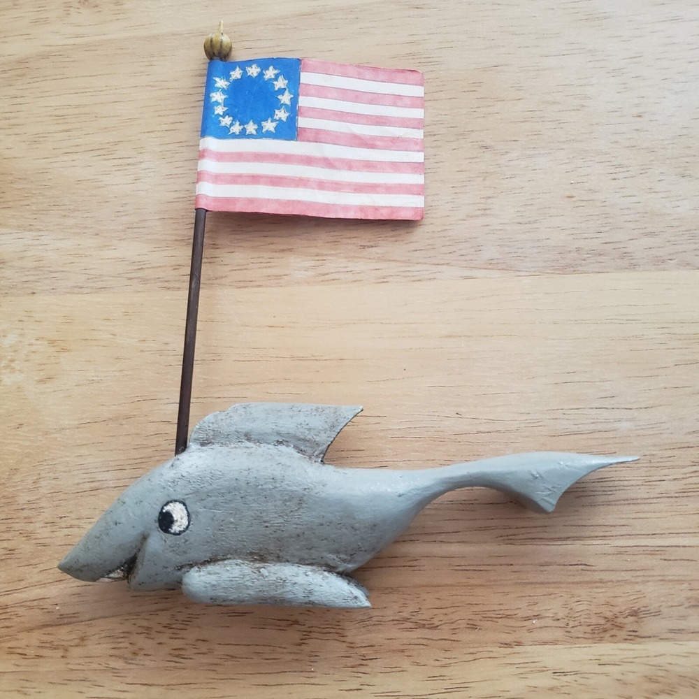 Hand Carved‎ Dolphin Patriotic Wood Shark with 1776 Flag 4th of July Figurine